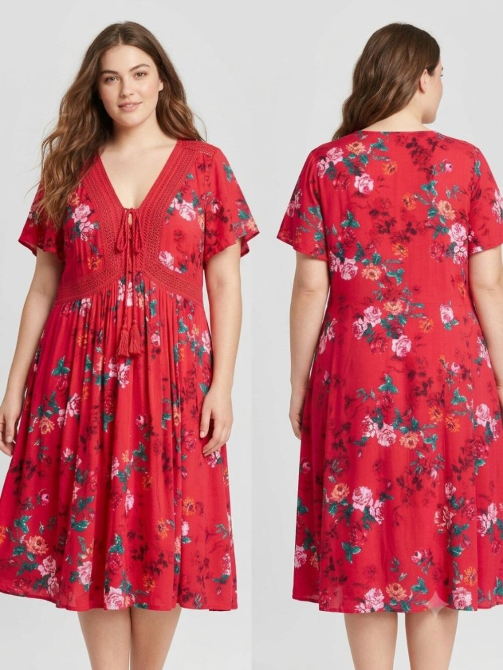 Torrid Red Floral Dress Size 2 Plus Lace Lattice V-Neck Short Sleeve Pocket